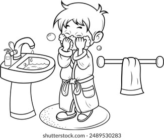 Ilustración de un niño lavándose la cara en el baño, higiene personal, blanco y negro.