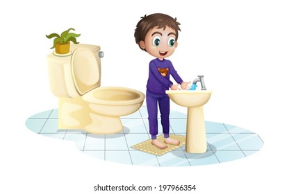 Illustration of a boy washing his hands at the sink on a white background