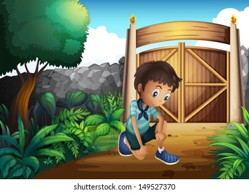 Illustration of a boy watching the ground inside the gate