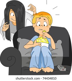 Illustration of a Boy Watching a Horror Movie