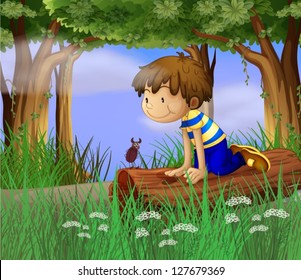 Illustration of a boy watching an insect