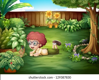 Illustration of a boy watching insects