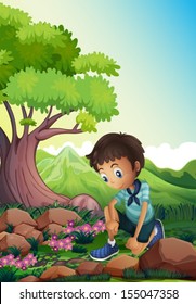 Illustration of a boy watching the rocks in the forest