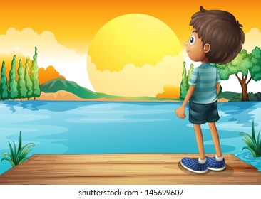 Illustration of a boy watching the sunset