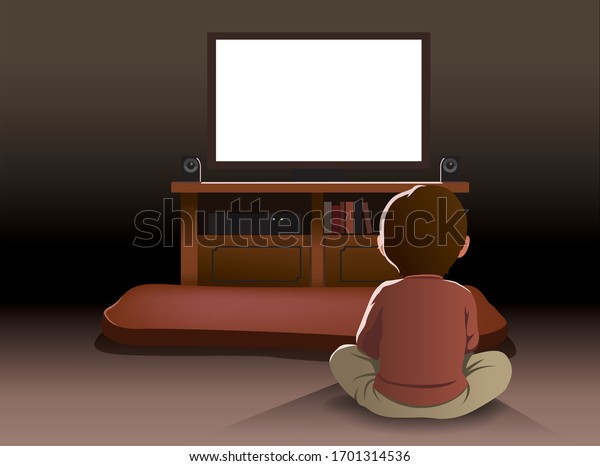 暗い部屋でテレビを見ている少年のイラスト ベクター画像 のベクター画像素材 ロイヤリティフリー
