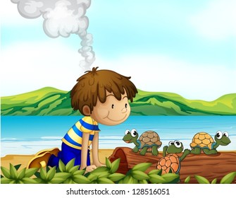 Illustration of a boy watching the three turtles