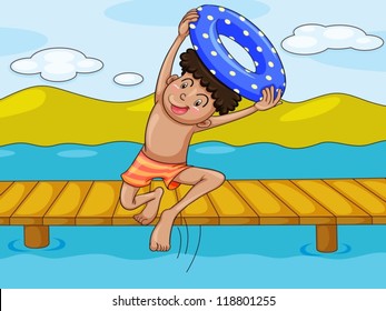 illustration of a boy and a water in a beautiful nature