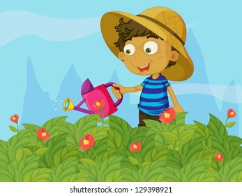 Illustration of a boy watering the plants in a garden