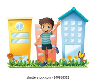 Illustration eines Jungen vor den hohen Gebäuden auf weißem Hintergrund