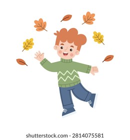 Illustration of a Boy Waving Hello with Autumn Leaves