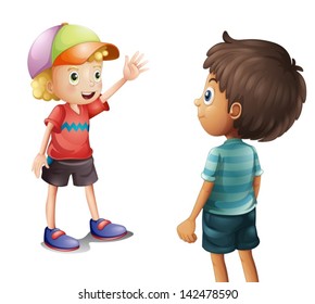 Illustration of a boy waving at his friend on a white background