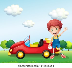 Illustration of a boy waving his hand beside a car 