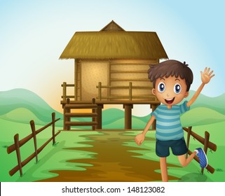 Illustration of a boy waving his hand in front of a nipa hut