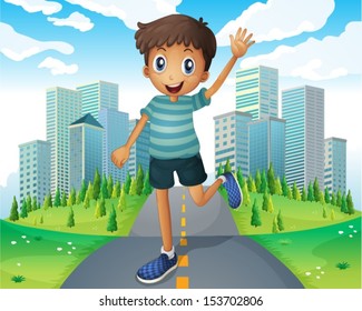Illustration of a boy waving while running in the middle of the road