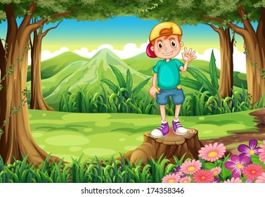 Illustration of a boy waving while standing above the stump in the forest
