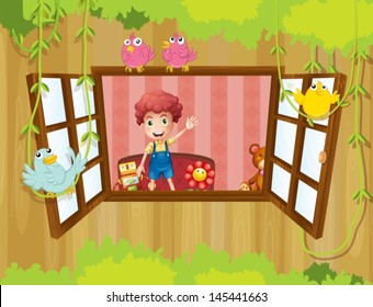 Ilustración de un niño saludando en la ventana con pájaros 