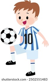 Illustration of a boy wearing blue and white stripe playing soccer.