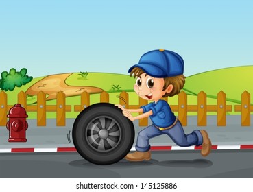 Illustration of a boy wearing a hat pushing a wheel along the road