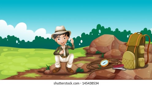 Illustration of a boy wearing a hat sitting on a rock 
