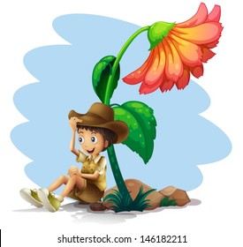Illustration of a boy wearing a hat sitting below the giant flower on a white background 