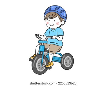 Illustration of a boy wearing a helmet and riding a tricycle.