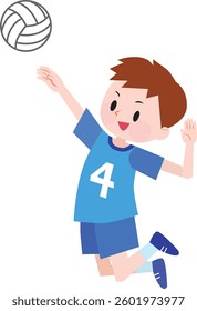 Illustration of a boy wearing light blue jerseys playing volleyball. Spiking, jumping, Vector Illustration.