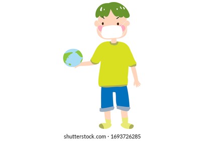 Illustration of a boy wearing a mask watching the earth holding a toy in his hand