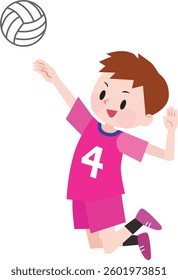 Illustration of a boy wearing pink jerseys playing volleyball. Spiking, jumping, Vector Illustration.