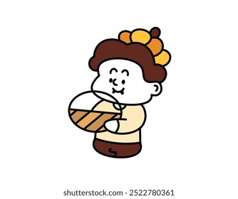 illustration of a boy wearing a pumpkin hat and carrying a basket. take part in events and wear costumes to celebrate Halloween. expression and gesture. cute character design in outline style. element