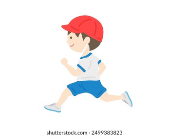 Ilustración de un niño con un sombrero rojo y blanco corriendo en un día deportivo.