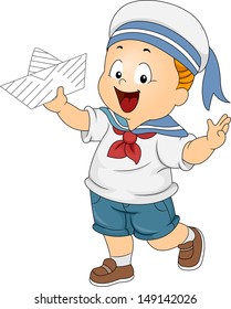Illustration of a Boy Wearing a Sailor's Costume and Holding a Paper Boat