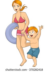 Illustration of a Boy wearing swim wear while taking a run with his Mom