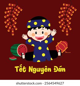 illustration of a boy wearing traditional clothes on the traditional Vietnamese New Year