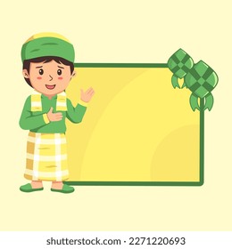 illustration of a boy wearing traditional Muslim clothing, cartoon little boy celebrating Eid al-Fitr. ketupat icon with blank board for greeting