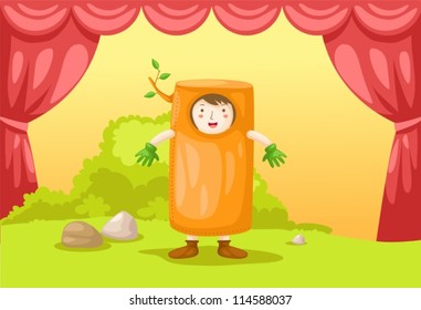 illustration of boy wearing tree costume on stage show