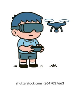 Illustration of a boy wearing a virtual reality headset and holding a drone controller outside.