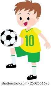 Illustration of a boy wearing yellow and green jerseys playing soccer.