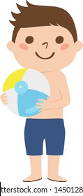 Illustration of a boy.He wears a bathing suit and has a beach ball.