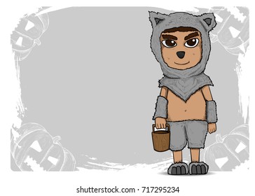 illustration of a boy with Werewolves costume in halloween character. trick or treat background