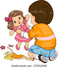 Illustration of a Boy while Playing Dolls