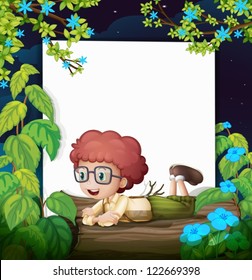 Illustration of a boy and a white board in a beautiful nature