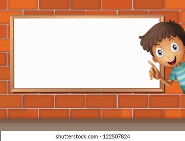 Illustration of a boy and a white board on a brick wall