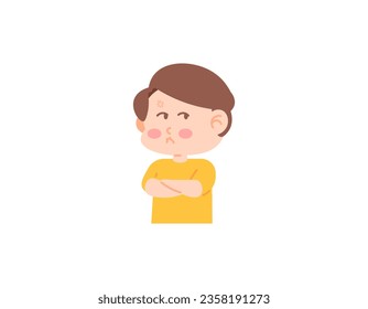 illustration of a boy who is angry and annoyed. crossed his arms and looked away. cute and adorable boy character. facial expression. flat or cartoon people illustration design. vector elements