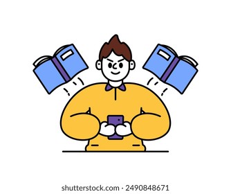 illustration of a boy who doesn't want to study because he is busy playing on his cellphone. refusing to read a book because of a smartphone. gadget addiction. outline style character design. graphic 