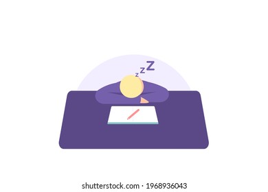illustration of a boy who fell asleep while studying. tired, learn too much. flat style. vector design