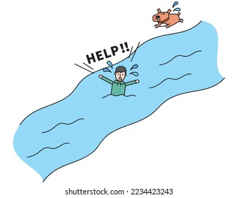 It is an illustration of a boy who fell into the river and asked for help.