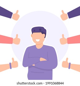 illustration of a boy who is happy because he gets thumbs up from people or friends. concept of appreciation, praise, like, appreciation. flat cartoon style. vector design