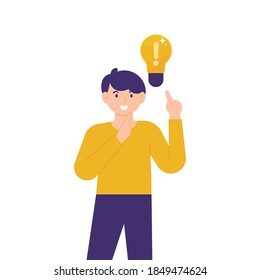 illustration of a boy who is happy and raises his hand because he gets a solution or idea. the concept of genius, smart, full of insight and knowledge. light bulb. flat style. design elements