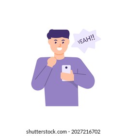 illustration of a boy who is happy when he sees something on his smartphone. get online gift or surprise. happy expression. flat cartoon style. vector design