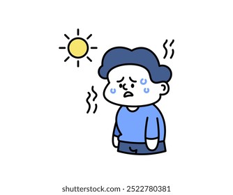 illustration of a boy who looks hot. hot, sweaty, and thirsty. very hot weather because of the sun. weather problems. expression and gesture. cute character design outline style. elements